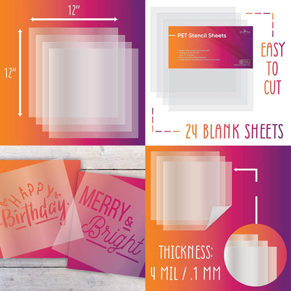 Easy Cut Stencil Sheet Set of 24-12”x12” Acetate Mylar for Cricut Vinyl Cutting - Craft Material