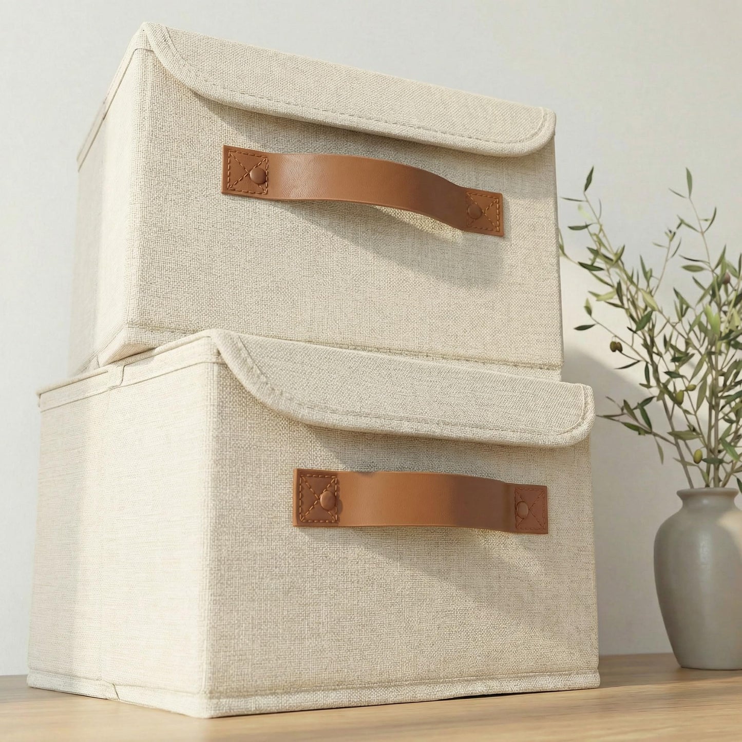 ZICOTO Beautiful Storage Bin with Lid – Foldable Cotton-Linen Fabric Box with PU Leather Handles, Decorative Closet Organizer Cube Reinforced with PP Board