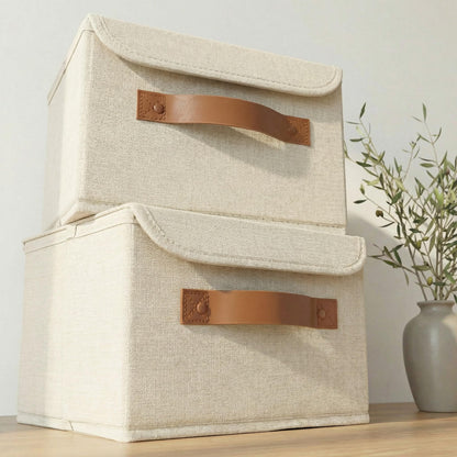 ZICOTO Beautiful Storage Bin with Lid – Foldable Cotton-Linen Fabric Box with PU Leather Handles, Decorative Closet Organizer Cube Reinforced with PP Board