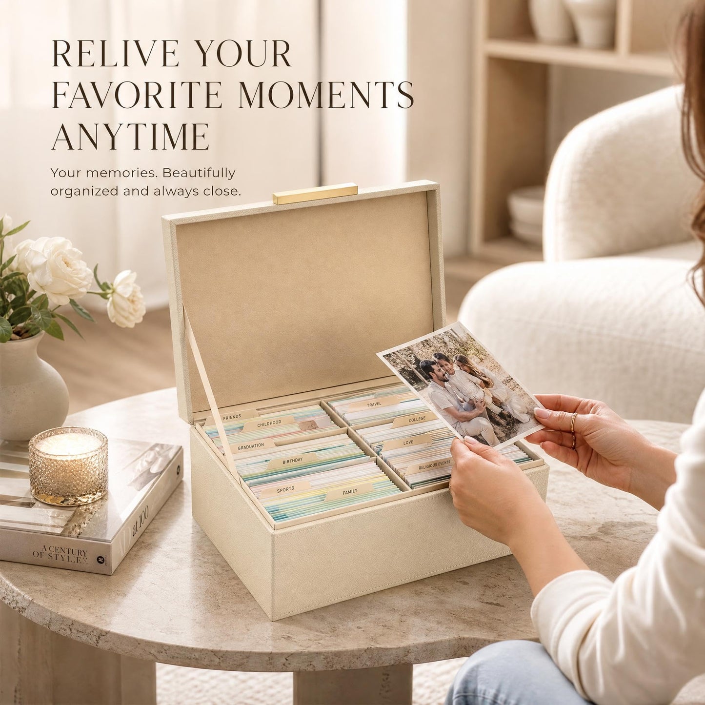 ZICOTO Decorative Photo Storage Box - Sturdy Linen Photo Organizer with Dividers is Perfect to Store Up to 1200 Pictures and 4x6 Photos - Portable Scrapbook Storage Containers with Lid