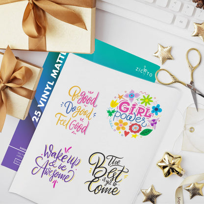 Premium Printable Vinyl Sticker Paper for Your Inkjet and Laser Printer - 25 Matte White Waterproof Decal Paper Sheets - Dries Quickly and Holds Ink Beautifully - Accessories Set for Cricut