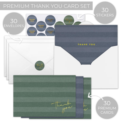 Beautiful Striped Thank You Cards Set of 30 With Envelopes and Stickers - Elegant Blank Cards For Personalized Notes - Perfect Bulk Stationary Set For All Occasions incl. Weddings, Business & Baby Showers