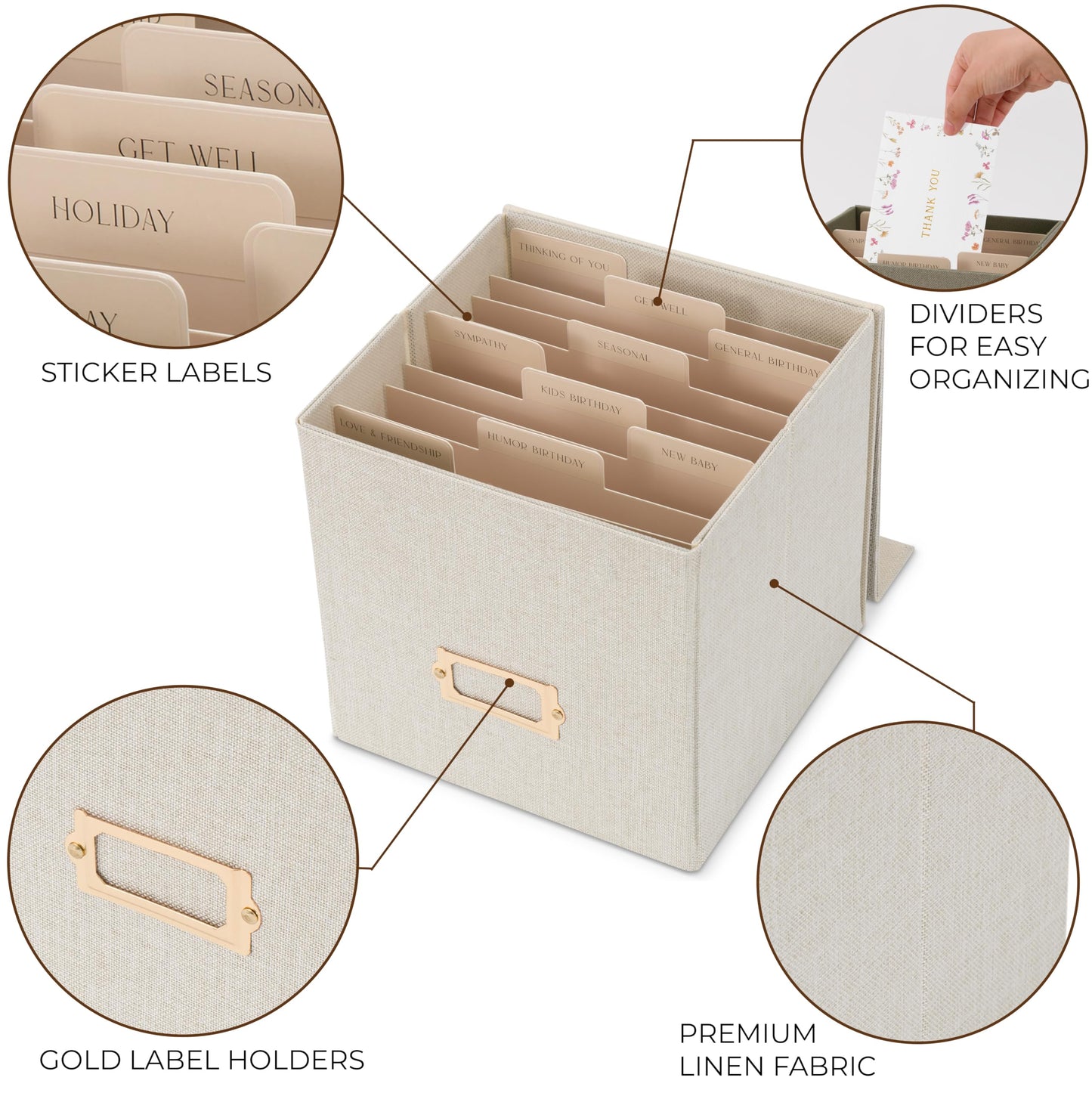 ZICOTO Beautiful Greeting Card Organizer Box With Dividers - Sturdy Linen Storage Box Easily Organizes All Your Greeting Cards in Style - Cute Card Holder Safely Stores Up to 300 Small Or Large Cards