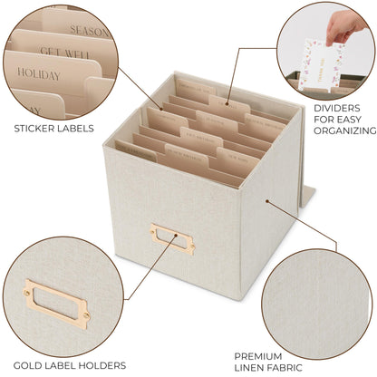 ZICOTO Beautiful Greeting Card Organizer Box With Dividers - Sturdy Linen Storage Box Easily Organizes All Your Greeting Cards in Style - Cute Card Holder Safely Stores Up to 300 Small Or Large Cards