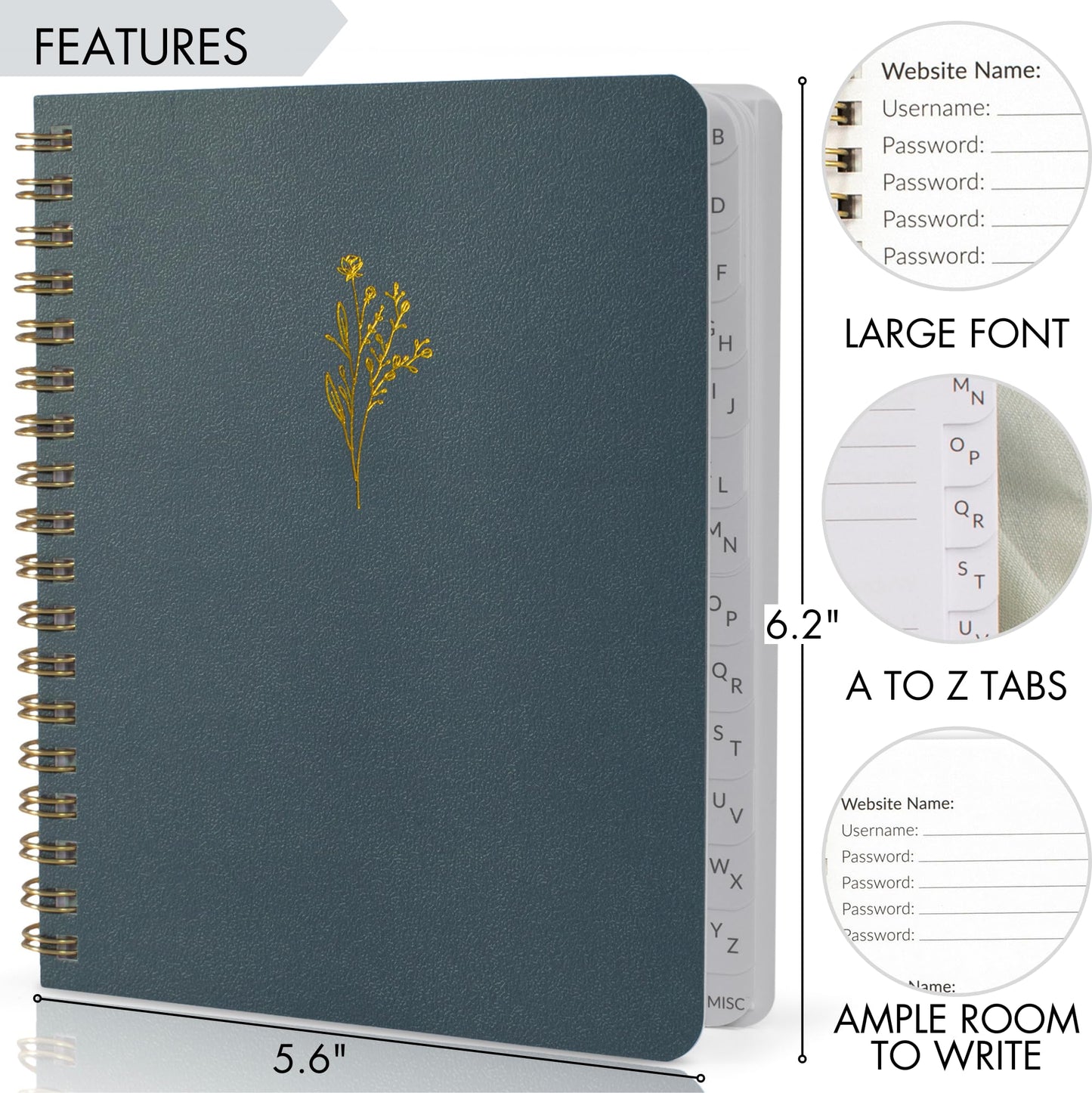 ZICOTO Beautiful Password Book with Alphabetical Tabs - Perfect Pocket Size Password Keeper For Seniors
