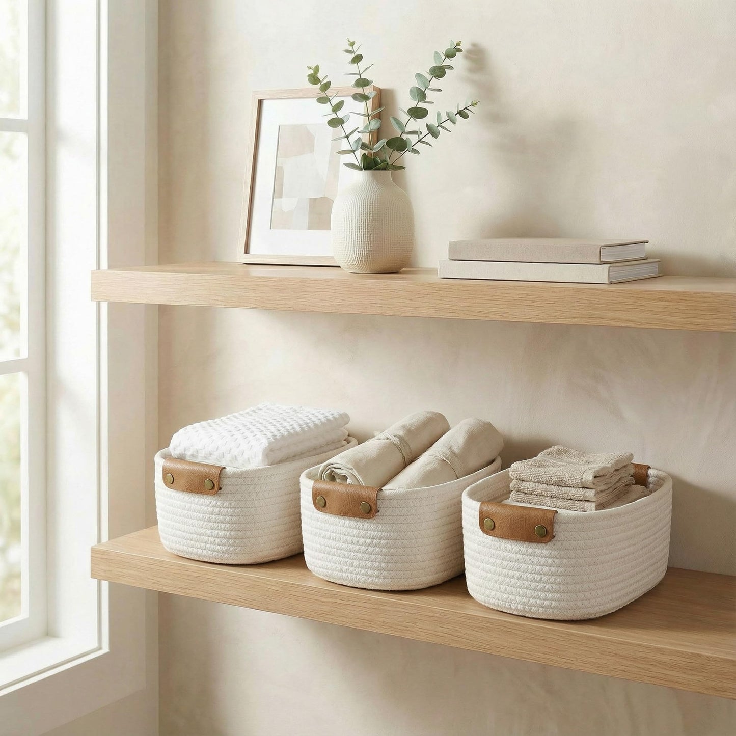 Beautiful Storage Basket Set of 3 - Sturdy Cotton Rope Baskets for Shelves Are Perfect for Organizing Your Home - Quality Storage Bins Easily Fit With Any Nursery or Bedroom Decor
