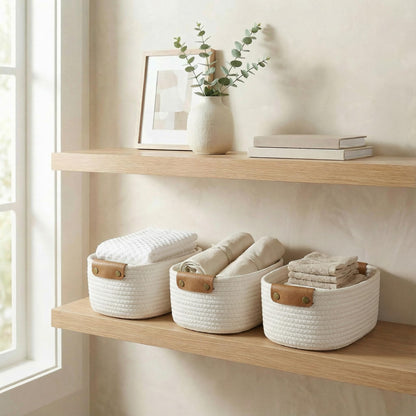 Beautiful Storage Basket Set of 3 - Sturdy Cotton Rope Baskets for Shelves Are Perfect for Organizing Your Home - Quality Storage Bins Easily Fit With Any Nursery or Bedroom Decor