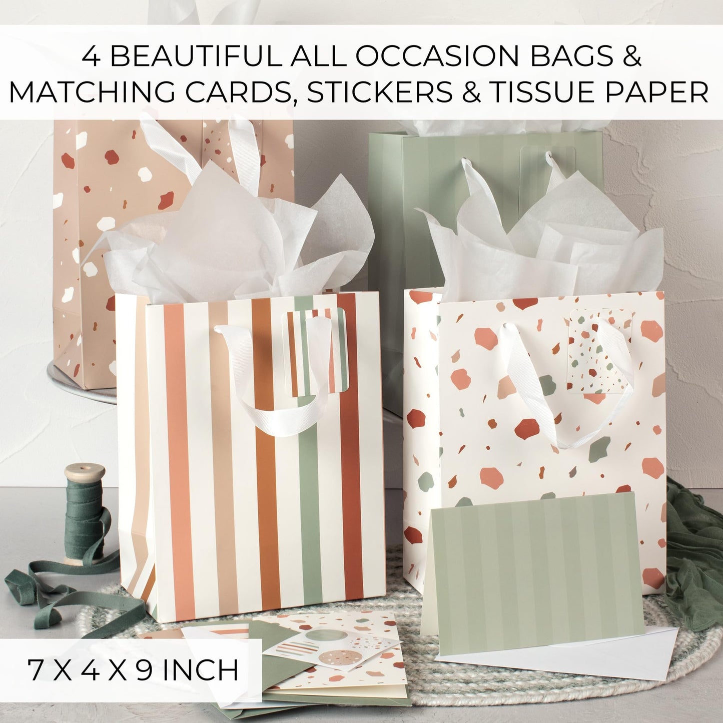 Beautiful Gift Bags Set of 4 - Medium Sized 9" Bags with Handles incl. Matching Tissue Paper, Cards & Small Stickers - Reusable & For Presents of Any Birthday, Weddings, Mothers Day & Other Occasion