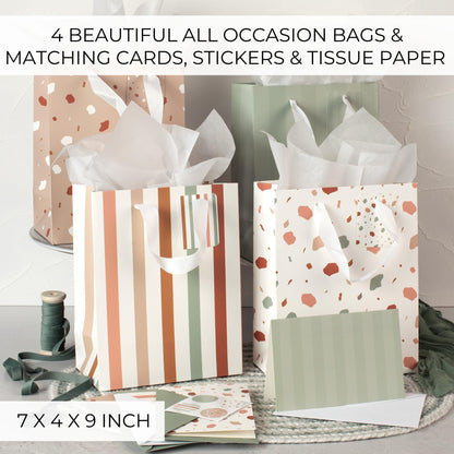 Beautiful Gift Bags Set of 4 - Medium Sized 9" Bags with Handles incl. Matching Tissue Paper, Cards & Small Stickers - Reusable & For Presents of Any Birthday, Weddings, Mothers Day & Other Occasion