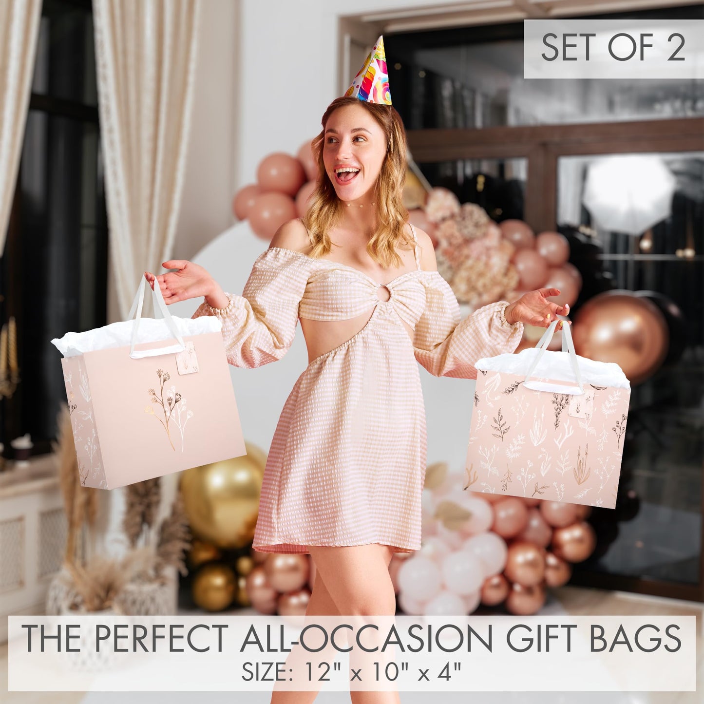 Beautiful Gift Bags Set of 2 - Large 13" Bags with Handles incl. Matching Tissue Paper, Cards & Stickers - Reusable and Perfect For Presents of Any Birthday, Weddings, Mothers Day & Special Occasion