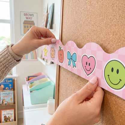 Beautiful Scalloped Bulletin Board Borders for Classroom Decor - 60 Smiley Face Strips for Up to 3 Boards 4x6 ft, Durable Decoration and Teacher Must Haves for a Warm Welcoming Classroom