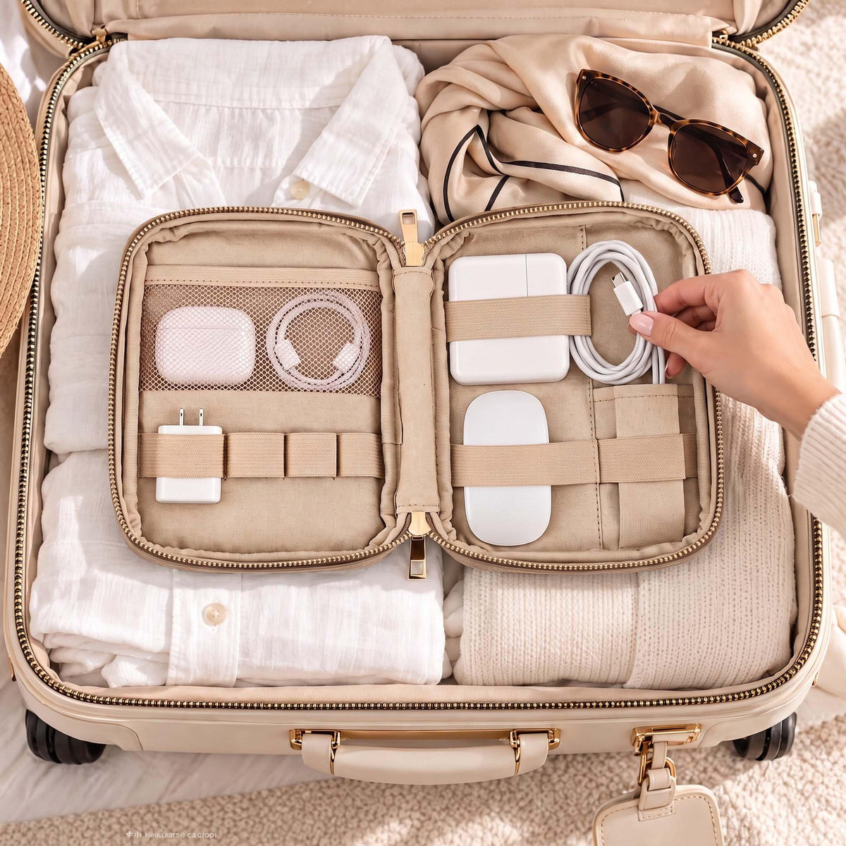 Stylish Tech Organizer Pouch - PU Leather Electronics Travel Bag for Women