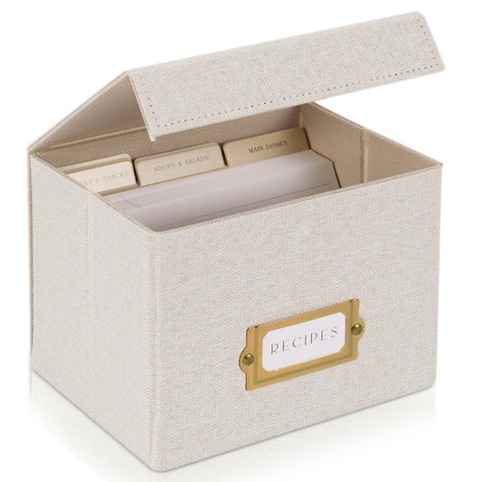 ZICOTO Beautiful Linen Recipe Box - Fits 4x6 inch Recipe Cards to Organize Up to 250 Recipes - Sturdy Card Holder and Great Gift for Any Kitchen - Cards Not Incl.
