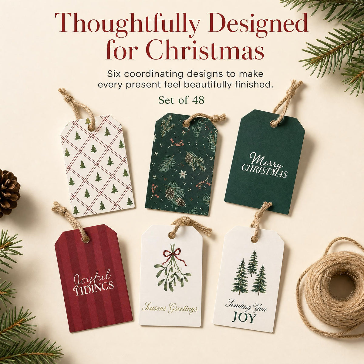 Beautiful Christmas Gift Tags - 48 Festive Quality Labels with Rope