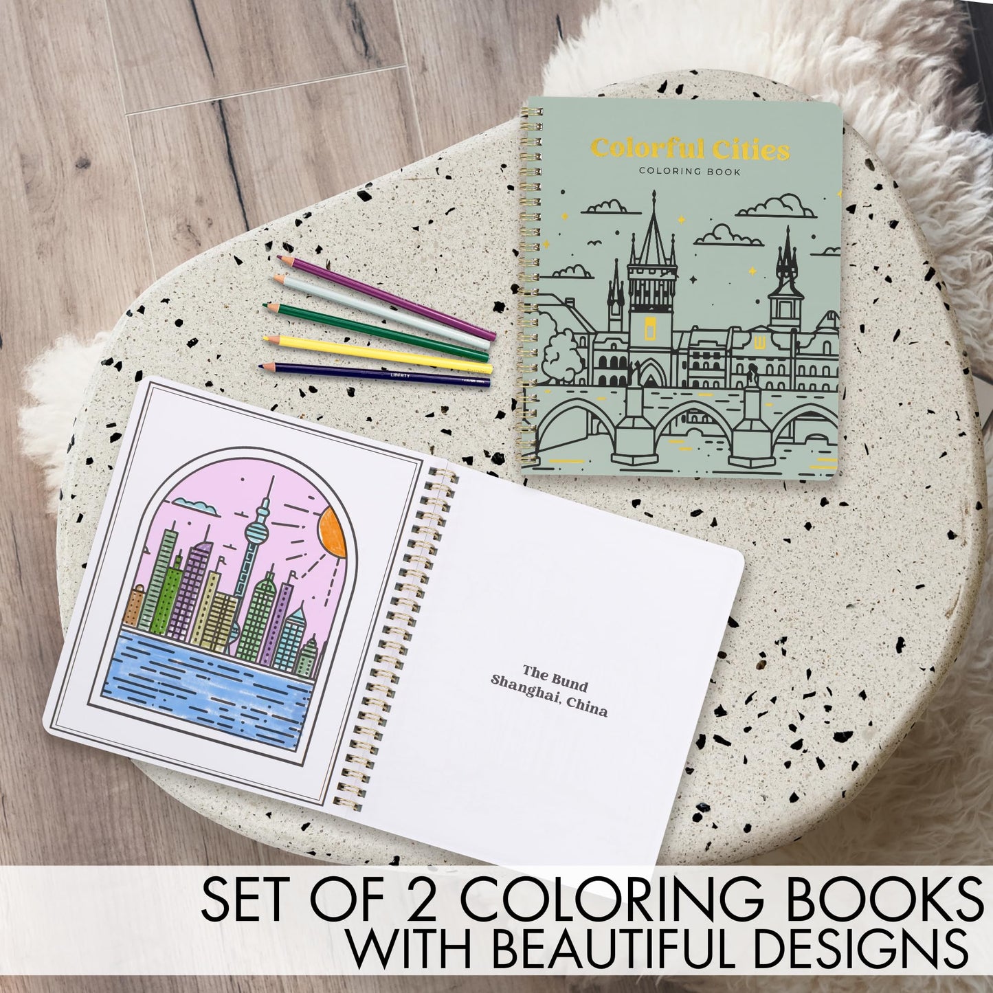 Beautiful Adult Coloring Book Set of 2 for Relaxation - Inspirational Adventures and Landmarks Scenery for The Spirit of Wanderlust - Perfect Stress-Relieving Gift for Women (Journeys & Cities, 2)