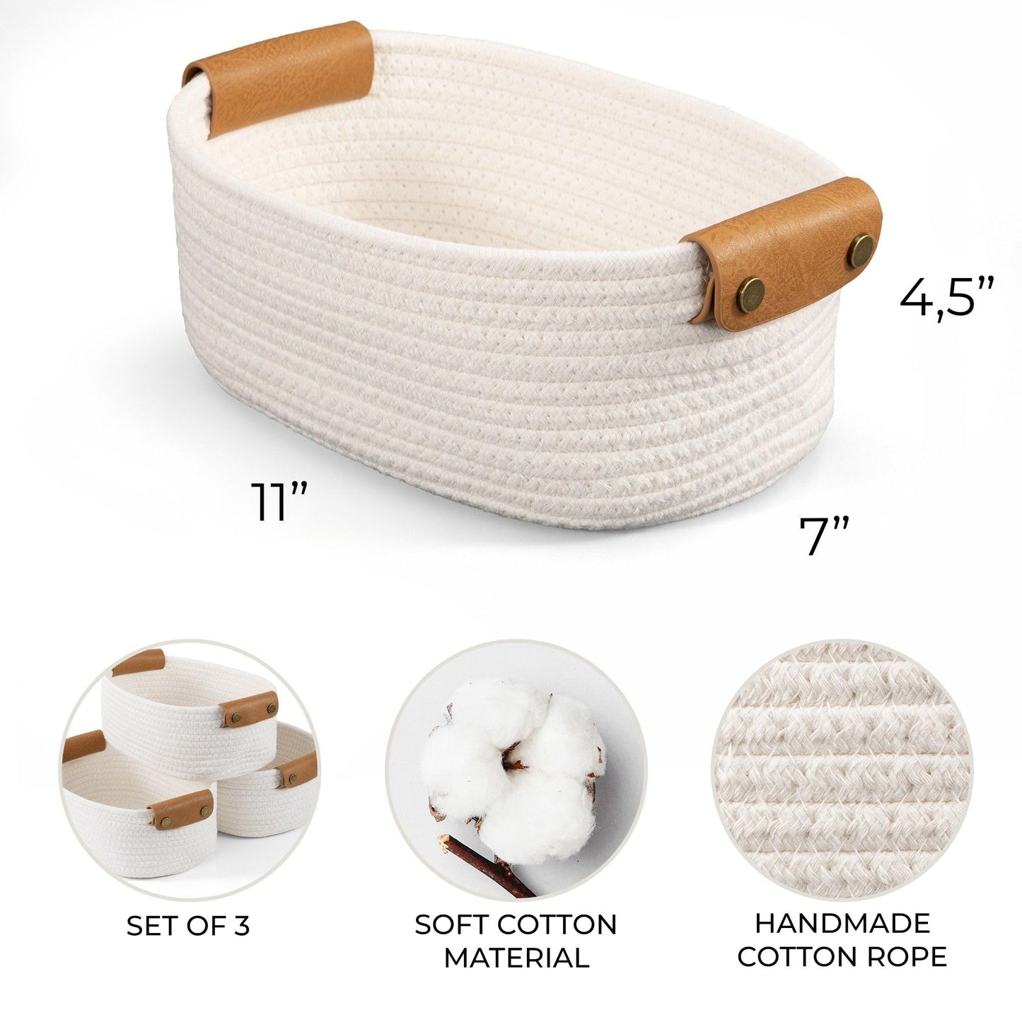 Beautiful Storage Basket Set of 3 - Sturdy Cotton Rope Baskets for Shelves Are Perfect for Organizing Your Home - Quality Storage Bins Easily Fit With Any Nursery or Bedroom Decor