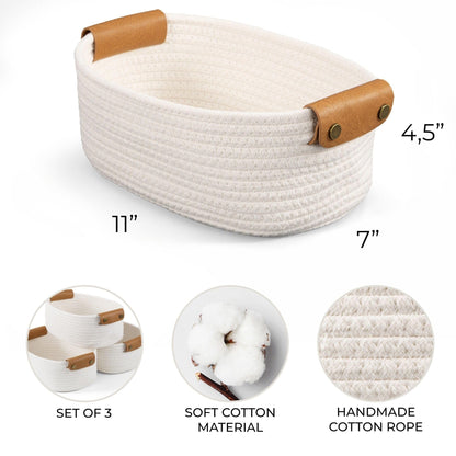 Beautiful Storage Basket Set of 3 - Sturdy Cotton Rope Baskets for Shelves Are Perfect for Organizing Your Home - Quality Storage Bins Easily Fit With Any Nursery or Bedroom Decor