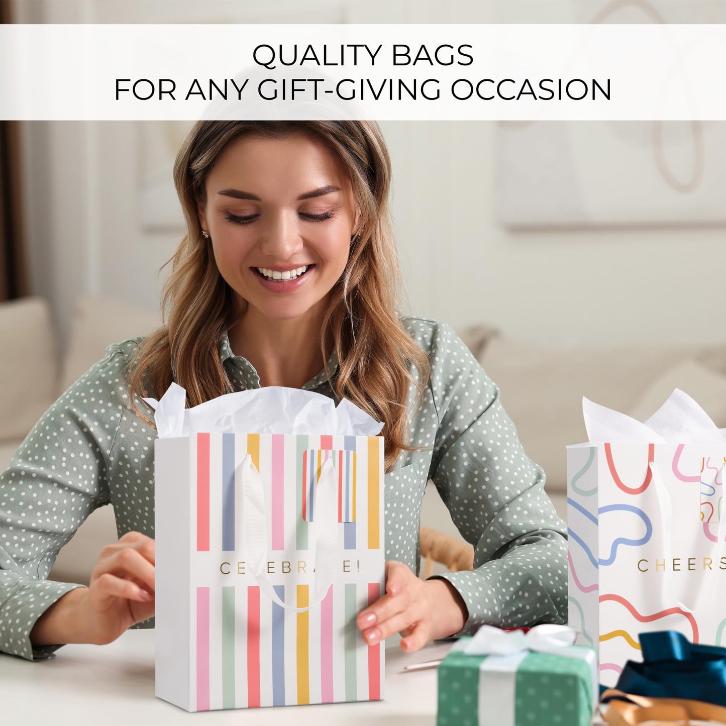 Beautiful Gift Bags Set of 4 - Medium Sized 9" Bags with Handles incl. Matching Tissue Paper, Cards & Small Stickers - Reusable & For Presents of Any Birthday, Weddings, Mothers Day & Other Occasion