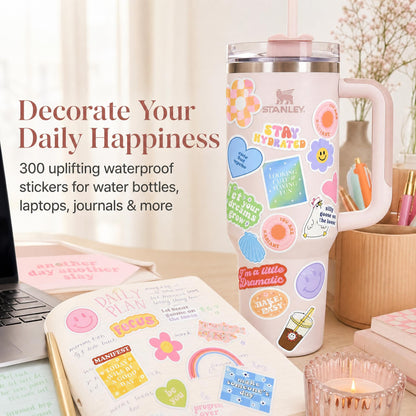 Motivational Sticker Set of 300 - Cute Inspirational Vinyl Stickers for Your Water Bottle, Laptop Or Journal - Positive Affirmation Decals for Adults, Teens and Kids Giving Daily Smiles and Motivation