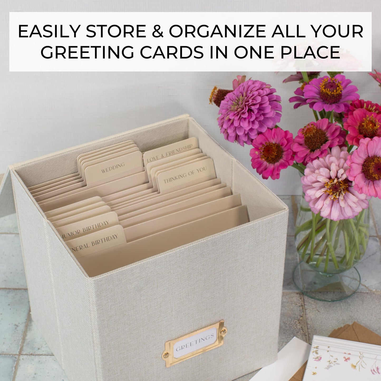 ZICOTO Beautiful Greeting Card Organizer Box With Dividers - Sturdy Linen Storage Box Easily Organizes All Your Greeting Cards in Style - Cute Card Holder Safely Stores Up to 300 Small Or Large Cards