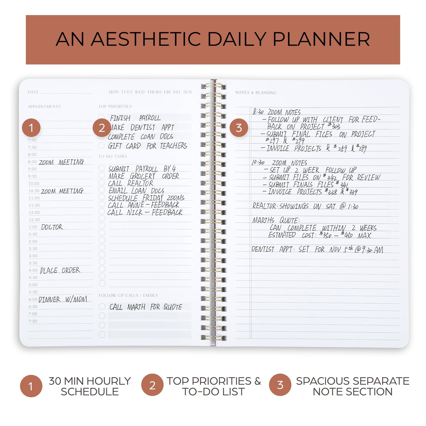 ZICOTO Beautiful Daily Planner And Notebook With Hourly Schedule - Aesthetic Spiral To do List Notepad to Easily Organize Your Work Tasks And Appointments - The Perfect Office Supplies For Women