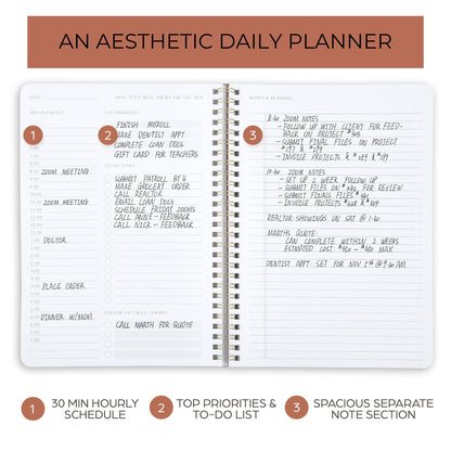 ZICOTO Beautiful Daily Planner And Notebook With Hourly Schedule - Aesthetic Spiral To do List Notepad to Easily Organize Your Work Tasks And Appointments - The Perfect Office Supplies For Women
