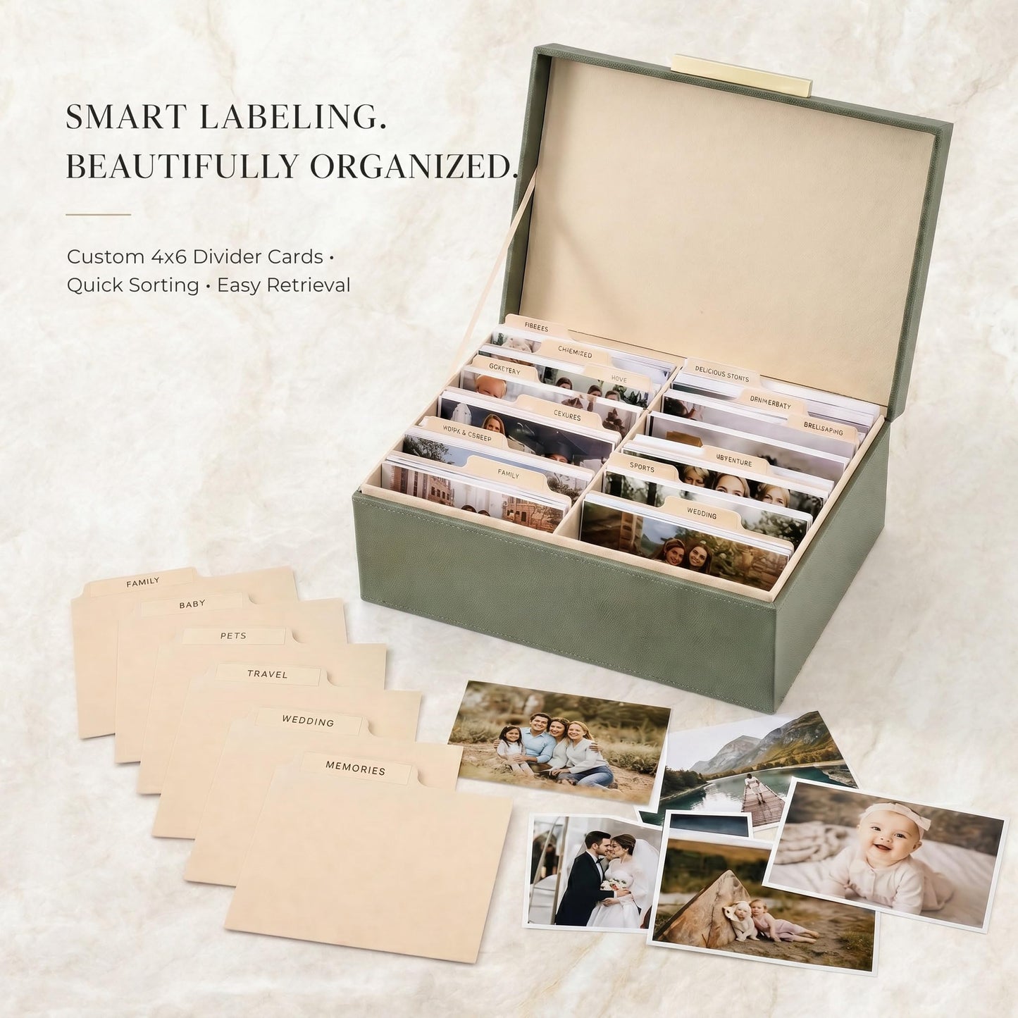 ZICOTO Decorative Photo Storage Box - Sturdy Linen Photo Organizer with Dividers is Perfect to Store Up to 1200 Pictures and 4x6 Photos - Portable Scrapbook Storage Containers with Lid