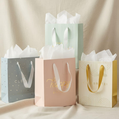 Beautiful Birthday Gift Bags Set of 4 - Medium Sized 9" Gift Bags with Handles incl. Matching Tissue Paper, Cards & Stickers - Reusable & For Presents of Any Weddings, Mothers Day or Other Occasion