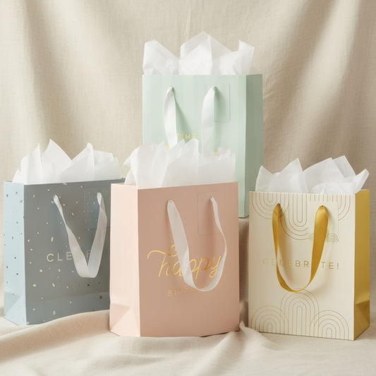 Beautiful Birthday Gift Bags Set of 4 - Medium Sized 9" Gift Bags with Handles incl. Matching Tissue Paper, Cards & Stickers - Reusable & For Presents of Any Weddings, Mothers Day or Other Occasion