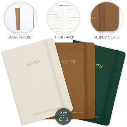 ZICOTO Aesthetic Journal Set Of 3 - Premium Linen Cover, College Ruled 8x5.7 Notebooks With Large Pockets - Ideal For Staying Organized At Work Or School