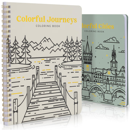 Beautiful Adult Coloring Book Set of 2 for Relaxation - Inspirational Adventures and Landmarks Scenery for The Spirit of Wanderlust - Perfect Stress-Relieving Gift for Women (Journeys & Cities, 2)