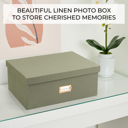 Decorative Photo Storage Box - Sturdy Linen Photo Organizer with Dividers - Stores Up to 850 4x6 Photos - Portable Scrapbook Storage Container with Lid