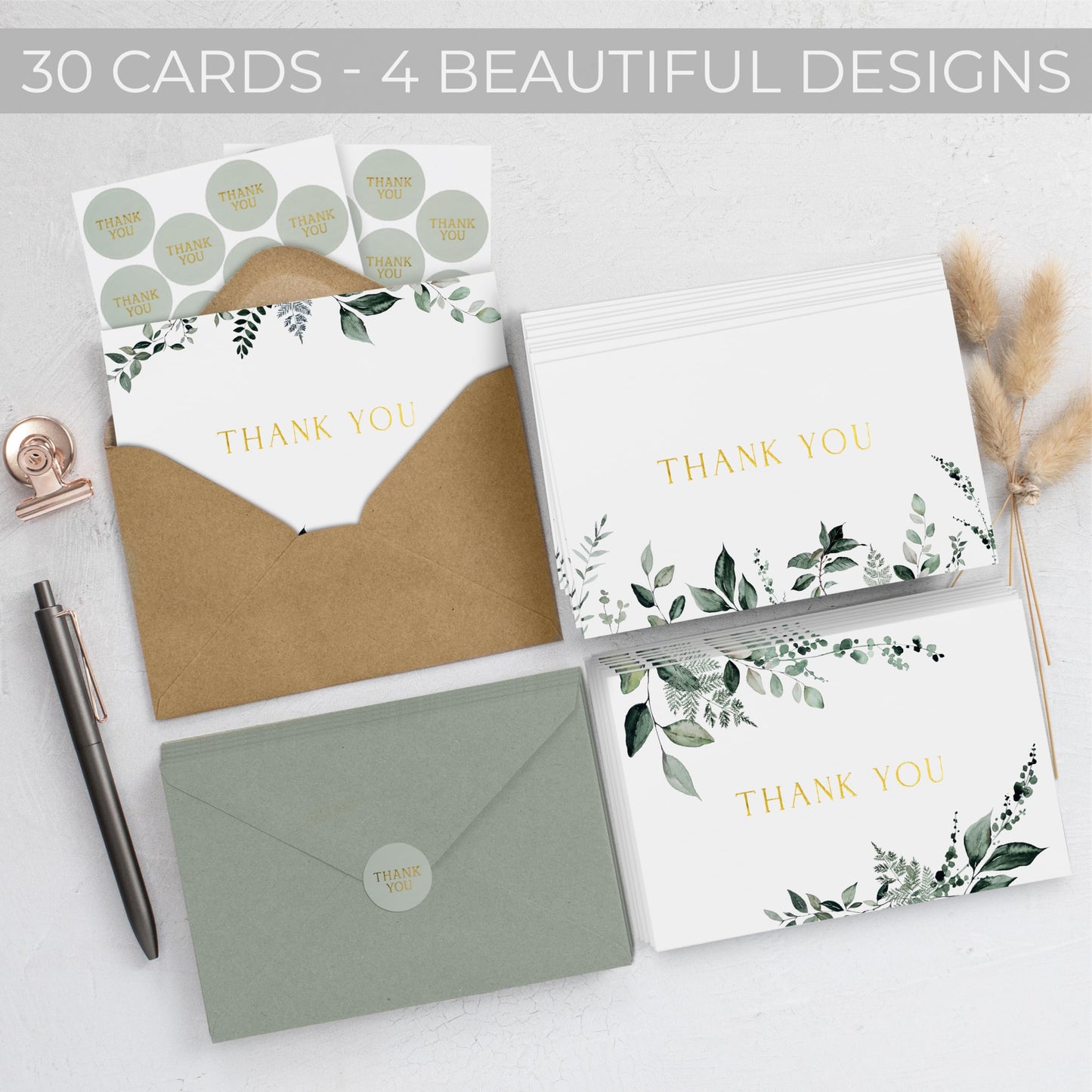 ZICOTO Beautiful Thank You Card Set - 30 Elegant Blank Cards with Envelopes & Stickers - Ideal for Weddings, Business, Baby Showers & More - Premium Bulk Stationery for All Occasions