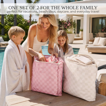 ZICOTO Stylish Travel Laundry Bags for Women - Set of 2 Waterproof Wet Bags, Ideal for Dirty Clothes, Wet Swimsuits and More - Charming Checkered Wet Dry Bag with Zipper and Handle for Beach and Pool