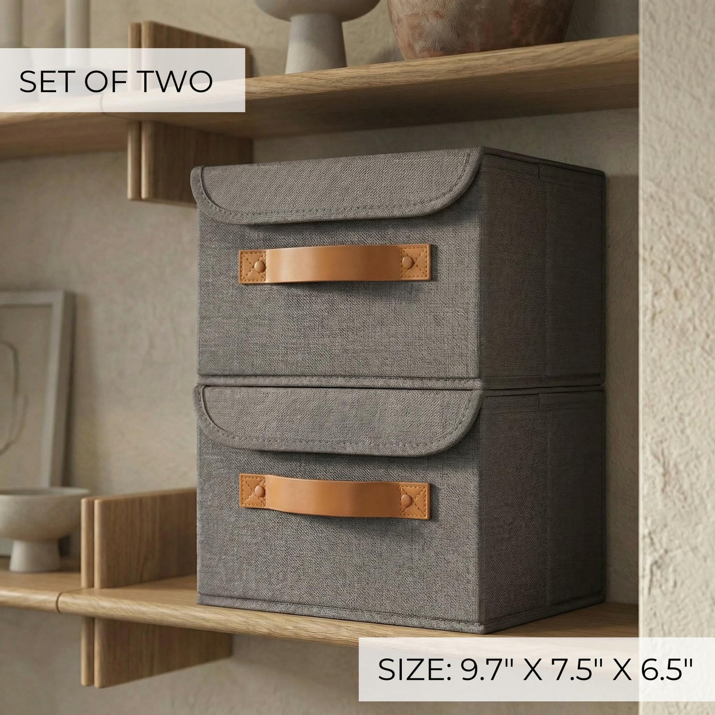 ZICOTO Beautiful Storage Bin with Lid – Foldable Cotton-Linen Fabric Box with PU Leather Handles, Decorative Closet Organizer Cube Reinforced with PP Board