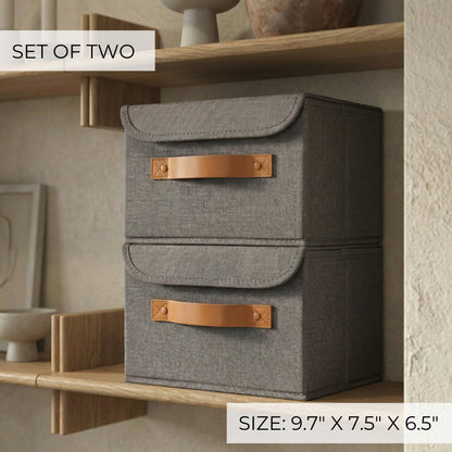 ZICOTO Beautiful Storage Bin with Lid – Foldable Cotton-Linen Fabric Box with PU Leather Handles, Decorative Closet Organizer Cube Reinforced with PP Board