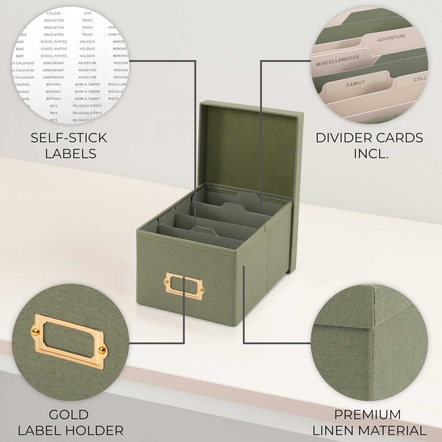 Decorative Photo Storage Box - Sturdy Linen Photo Organizer with Dividers - Stores Up to 850 4x6 Photos - Portable Scrapbook Storage Container with Lid