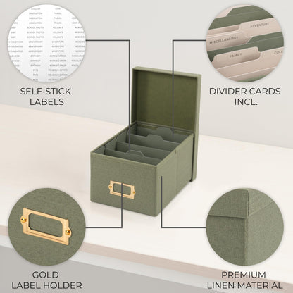 Decorative Photo Storage Box - Sturdy Linen Photo Organizer with Dividers - Stores Up to 850 4x6 Photos - Portable Scrapbook Storage Container with Lid