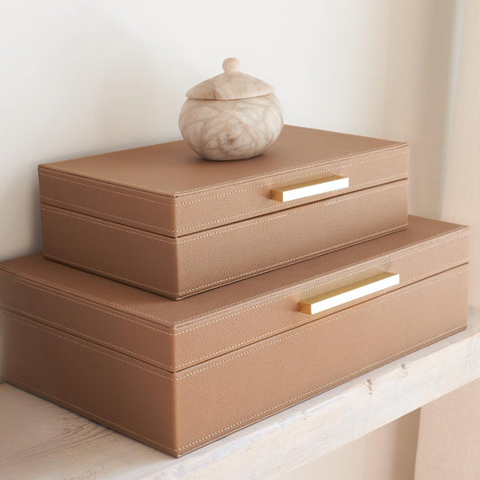 Decorative Storage Boxes with Lids - Set of 2 PU Leather Organizer Bins for Bookshelf Decor - Store Photos, Documents and Memory Box Keepsakes in Style