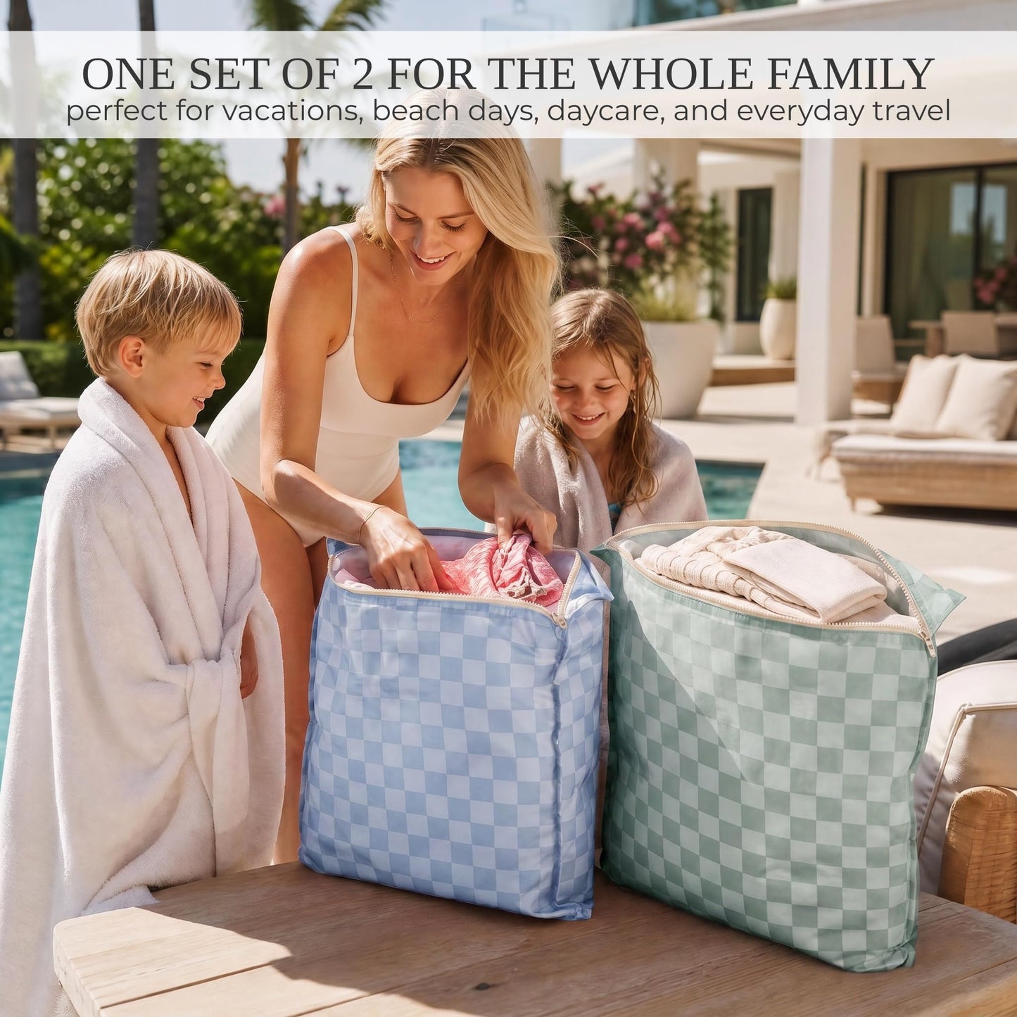 ZICOTO Stylish Travel Laundry Bags for Women - Set of 2 Waterproof Wet Bags, Ideal for Dirty Clothes, Wet Swimsuits and More - Charming Checkered Wet Dry Bag with Zipper and Handle for Beach and Pool