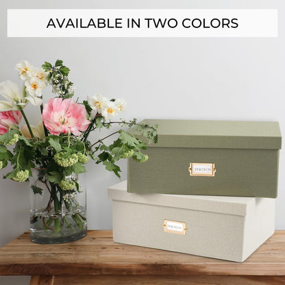 ZICOTO Decorative Photo Storage Box - Sturdy Linen Photo Organizer with Dividers is Perfect to Store Up to 1700 Pictures and 5x7 Photos - Portable Scrapbook Storage Containers with Lid