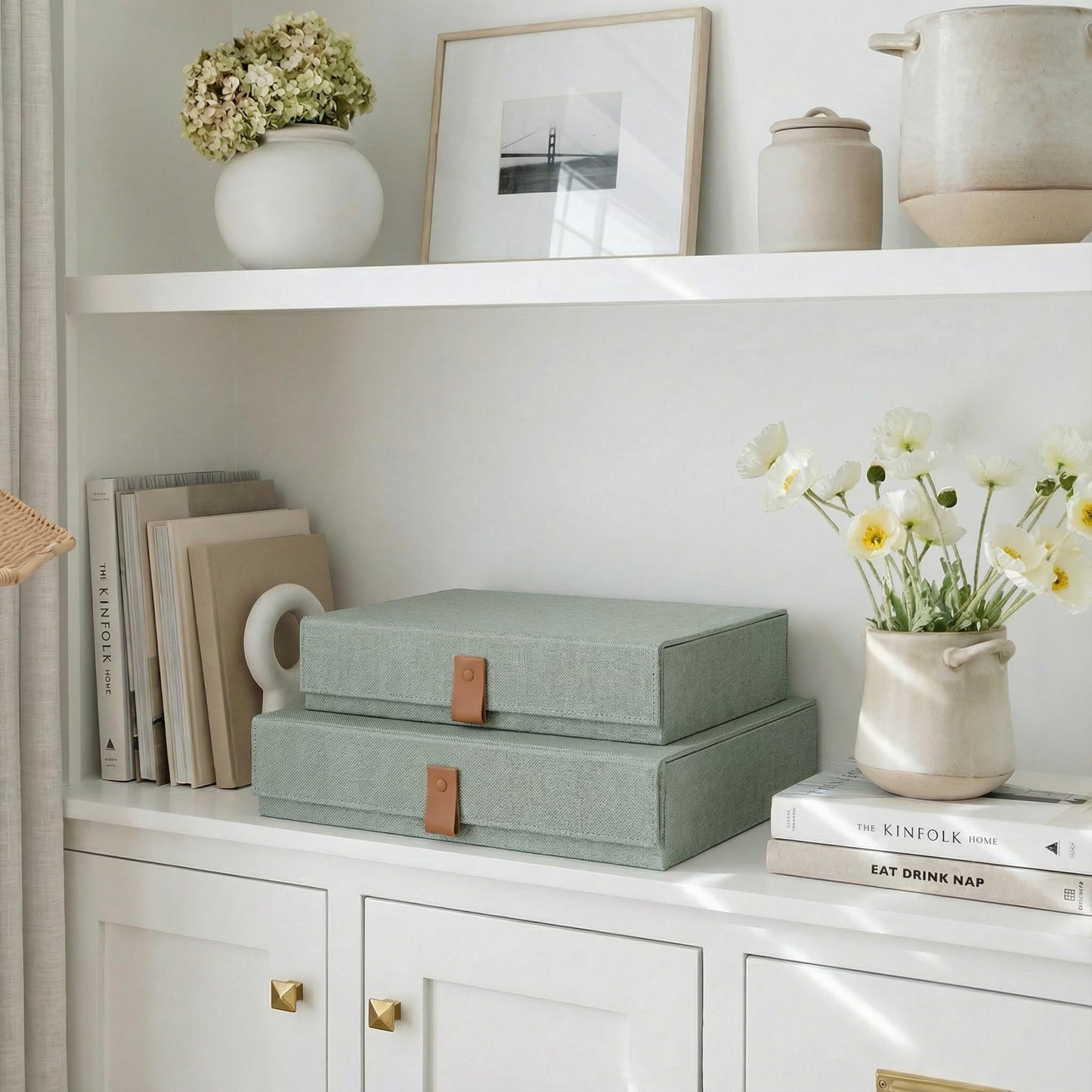 Decorative Photo Storage Boxes with Lids - Set of 2 Beautiful Linen Organizers Are Perfect to Safely Store Your Pictures, Documents, Scrapbooking Supplies, Keepsakes and Other Memories in Style