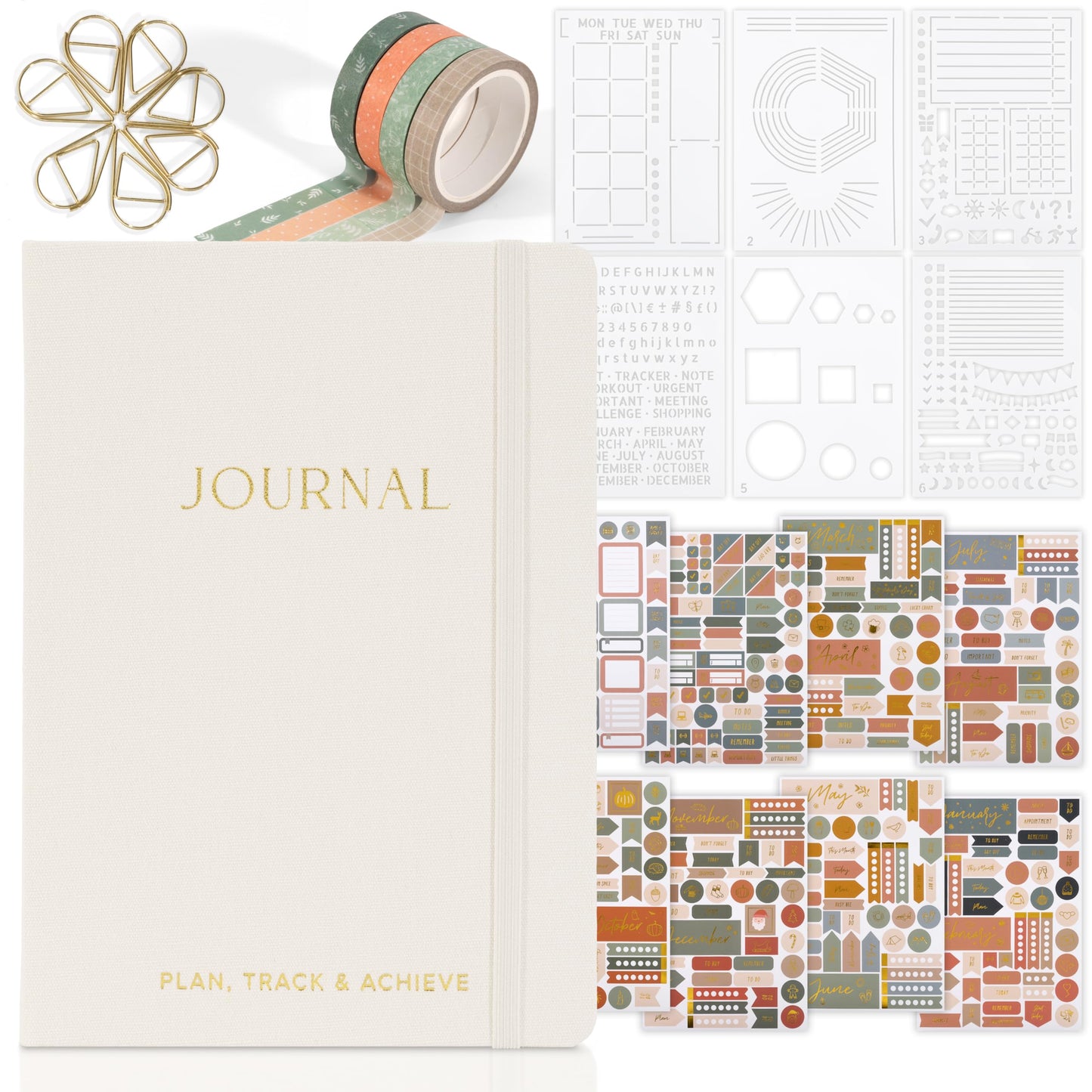 ZICOTO Ultimate All-in-One Journaling Kit - Incl. Journal Notebook With Linen Hardcover and Dotted Pages, Stencils, Stickers, Washi Tapes, Paper Clips and More Bullet Checklist Supplies