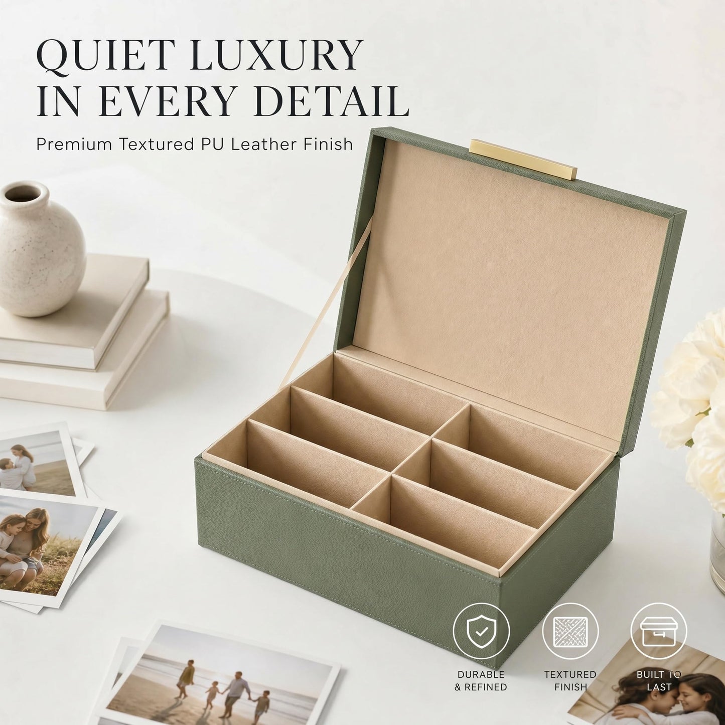 ZICOTO Decorative Photo Storage Box - Sturdy Linen Photo Organizer with Dividers is Perfect to Store Up to 1200 Pictures and 4x6 Photos - Portable Scrapbook Storage Containers with Lid