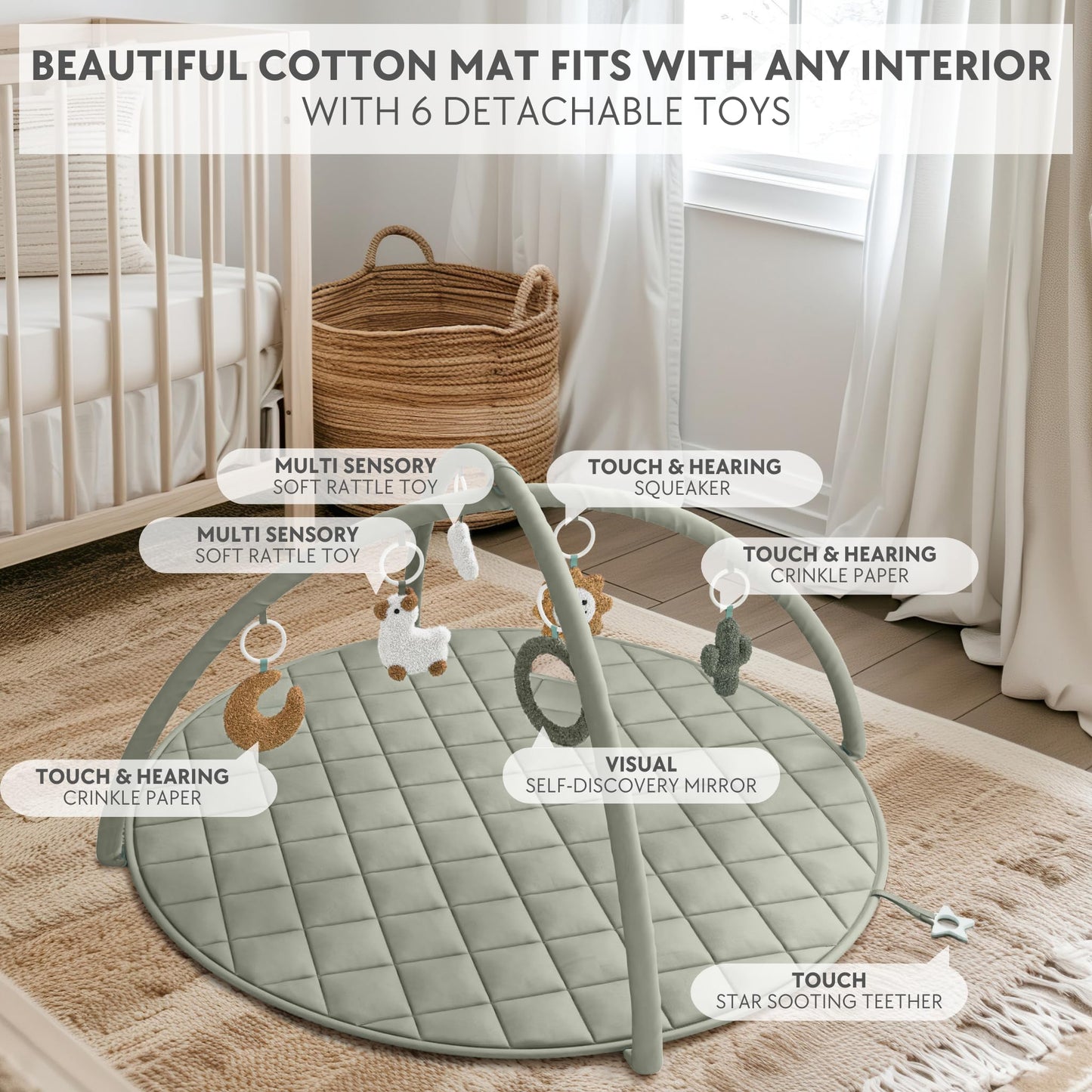 Beautiful Baby Play Gym and Tummy Time Mat - Soft Cotton Mat with 6 Cute Toys Creates The Perfect Activity Area for Your Girl/Boy - Stylish Infant Floor Playmat Fits Nicely with Any Playroom Decor
