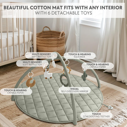 Beautiful Baby Play Gym and Tummy Time Mat - Soft Cotton Mat with 6 Cute Toys Creates The Perfect Activity Area for Your Girl/Boy - Stylish Infant Floor Playmat Fits Nicely with Any Playroom Decor