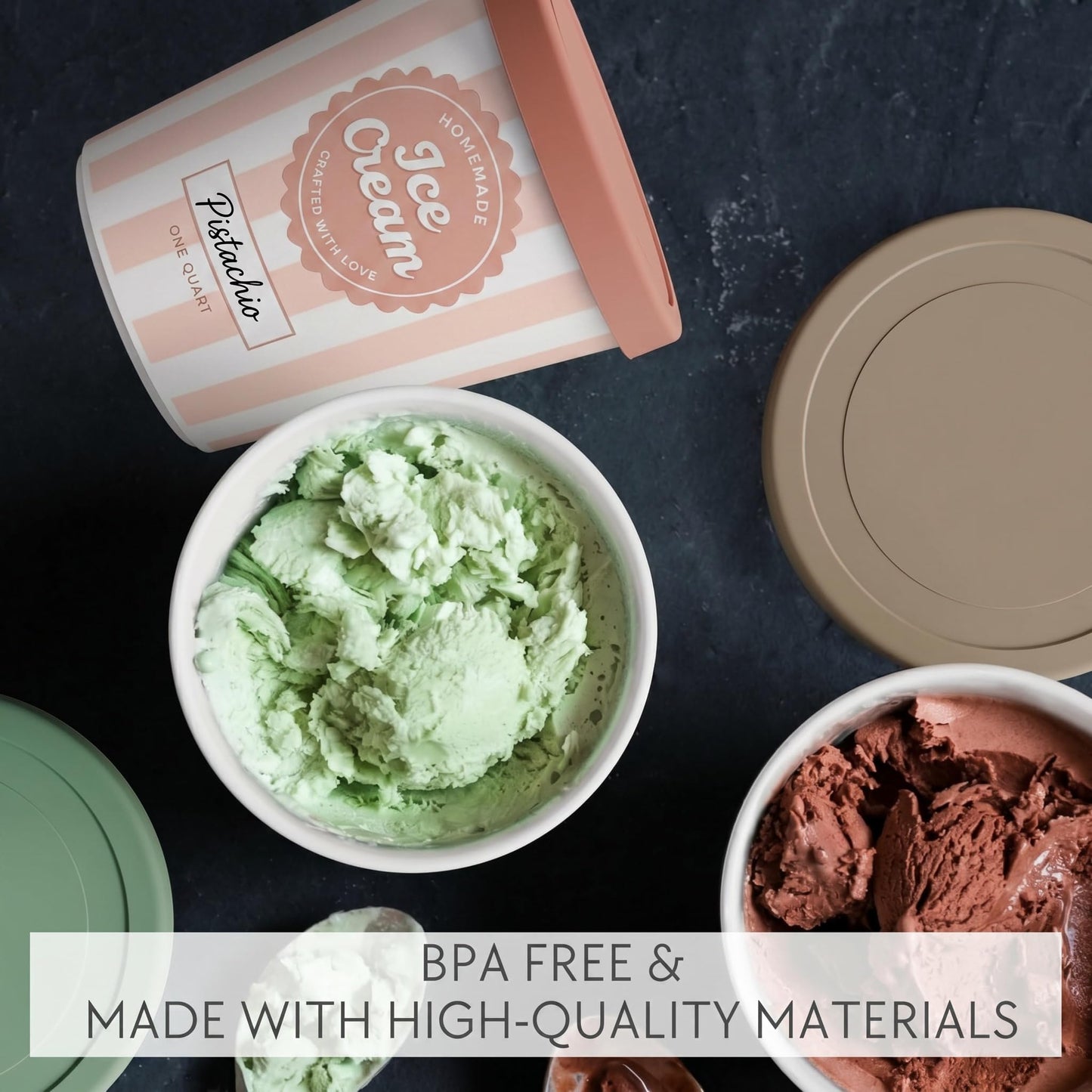 ZICOTO Set of 3 Reusable Ice Cream Containers 1 Quarts ea. - Perfect for Homemade Sorbet, Frozen Yogurt Or Gelato - Stackable Storage Pint Containers, Stickers And Lids Stores Easily In Freezer