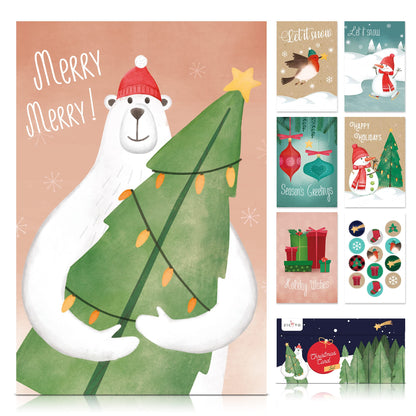 ZICOTO Beautiful Christmas Cards Set of 24 - Incl. Bulk Envelopes, Matching Stickers And Storage Box - Perfect to Send Warm Holiday Wishes to Friends and Family