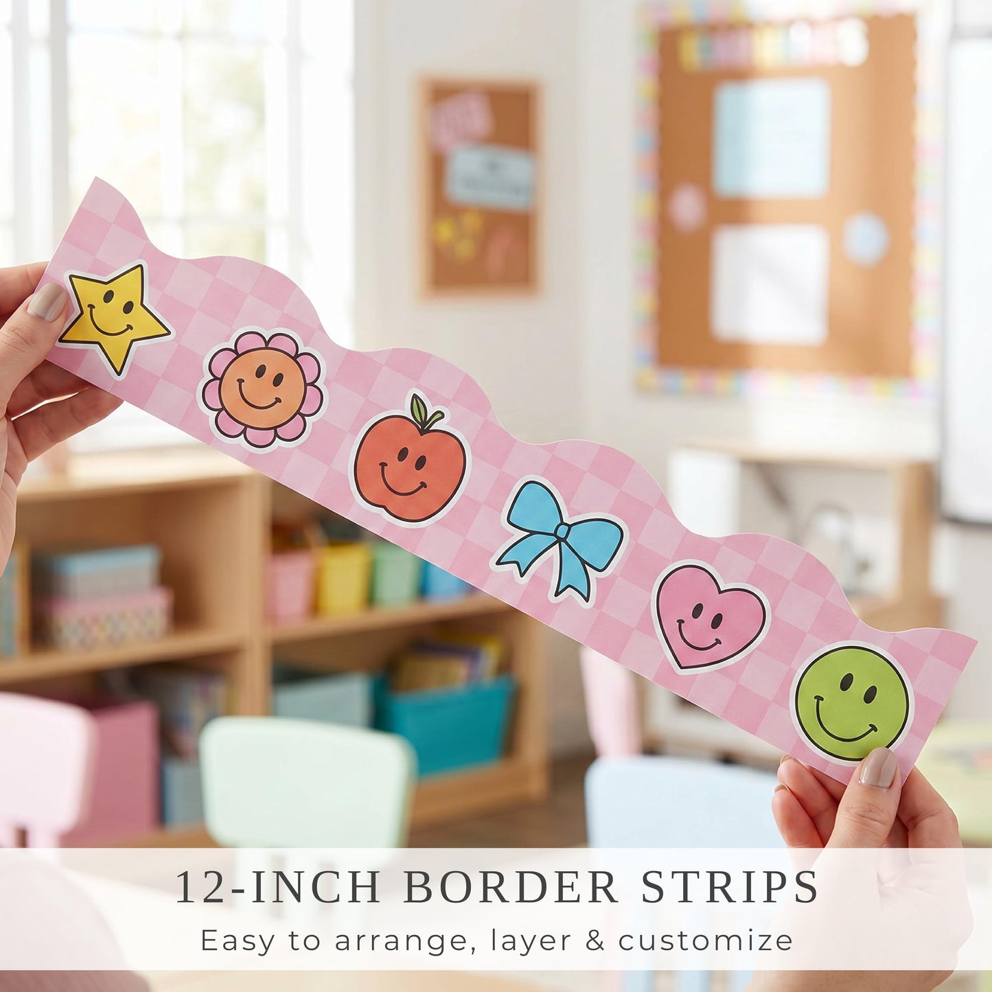 Beautiful Scalloped Bulletin Board Borders for Classroom Decor - 60 Smiley Face Strips for Up to 3 Boards 4x6 ft, Durable Decoration and Teacher Must Haves for a Warm Welcoming Classroom