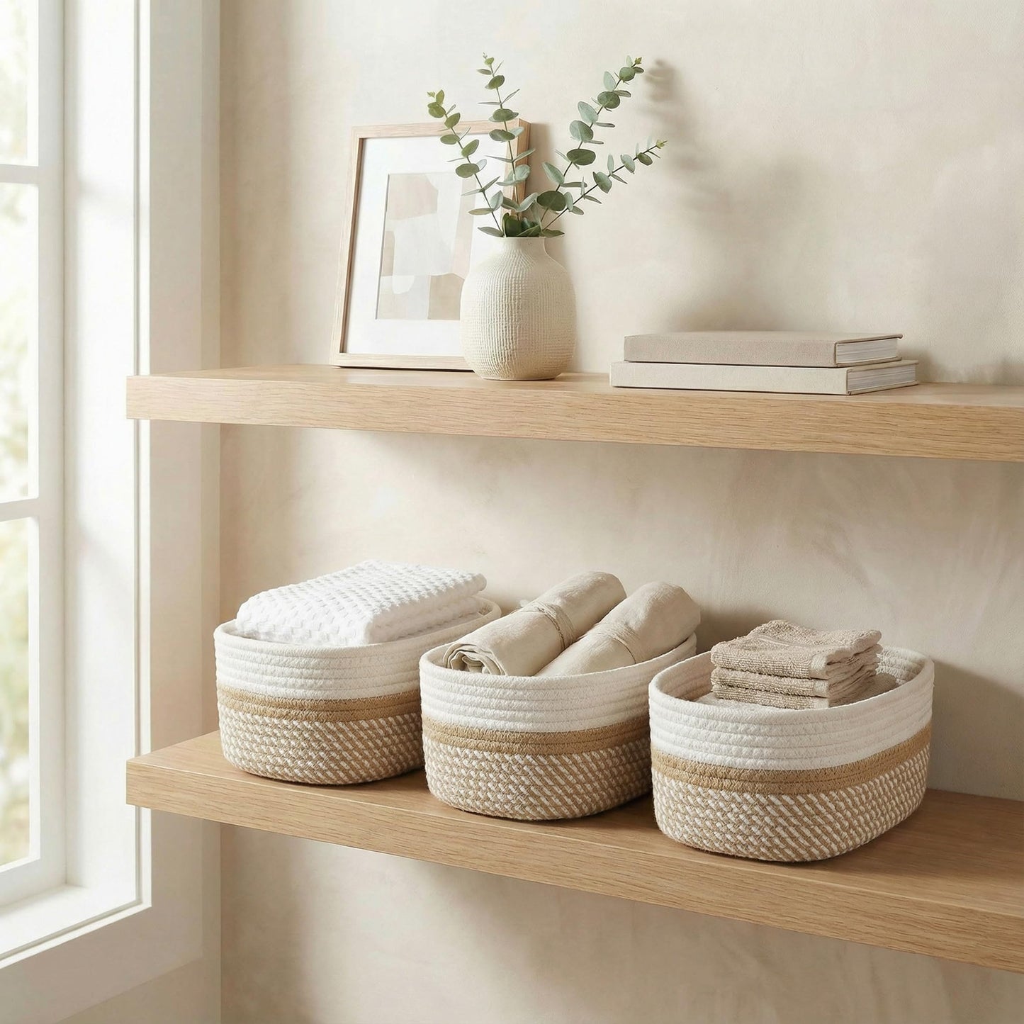 Beautiful Storage Basket Set of 3 - Sturdy Cotton Rope Baskets for Shelves Are Perfect for Organizing Your Home - Quality Storage Bins Easily Fit With Any Nursery or Bedroom Decor